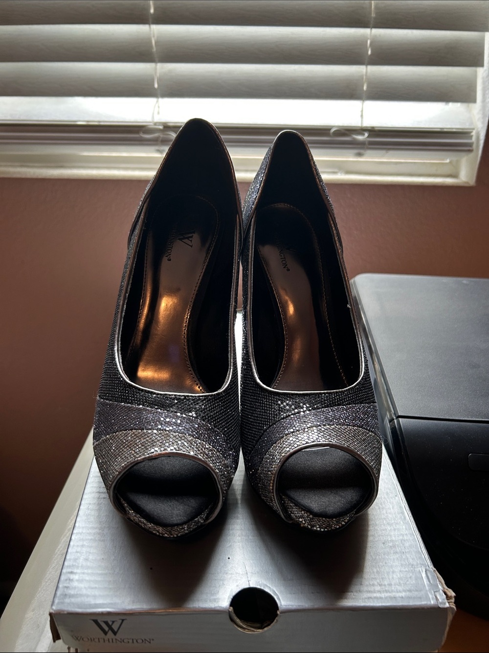 Worthington Black Glitter Peep-Toe Heels with Silver Accents